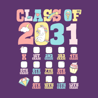 Cute Unicorn Graduation Class of 2031 Grow with Me Checklist T-Shirt
