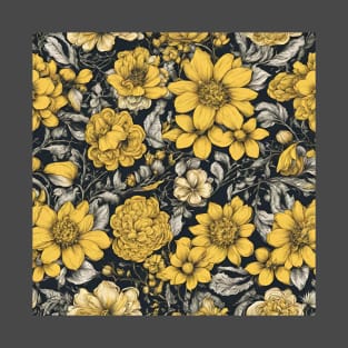 black background with white and yellow flowers 4 T-Shirt