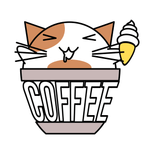 Cat in coffee cup with warped text holding ice cream white and orange T-Shirt