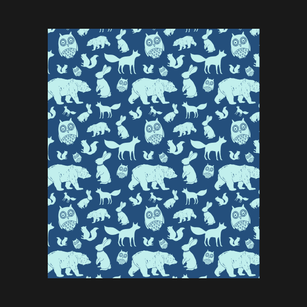 Navy Light Blue Woodland Animals Fox Bear Owl by dreamingmind