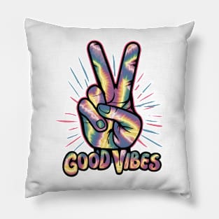 "Neon Tie-Dye Peace Sign Hand" - Retro Cute Hipster Pillow