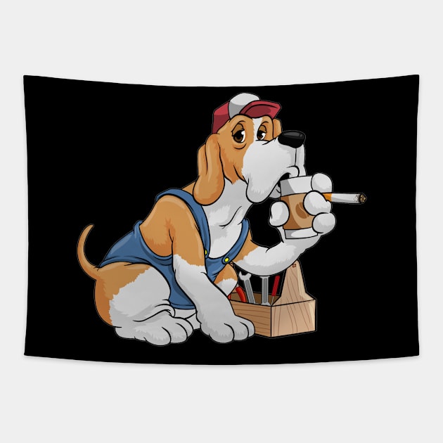 Mechanic dog is drinking coffee, smoks a cigarette Tapestry by Markus Schnabel