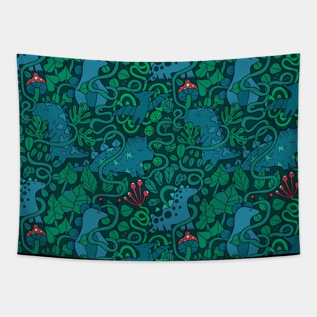 Green plants, leaves and dinos Tapestry by kostolom3000