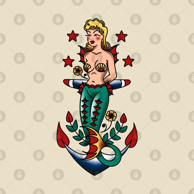 American Traditional Nautical Mermaid and Anchor by OldSalt