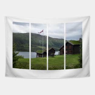 Wonderful landscapes in Norway. Vestland. Beautiful scenery of houses with grass roof. Norwegian traditional architecture Mountains, trees and snow in background. Cloudy day Tapestry