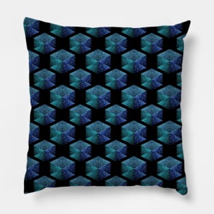 Aqua blue sparkles diamond geometric pattern on black Pillow