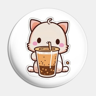 Cute Cat Drinking Bubble Tea Cartoon Boba Drawing Pin