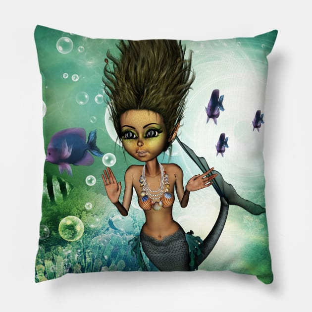 Sweet little mermaid in the deep ocean Pillow by Nicky2342