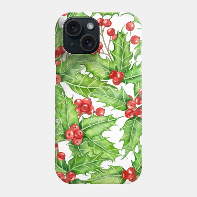 Holly berry watercolor Christmas pattern Phone Case by katerinamk