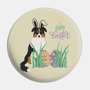 Tricolor Australian Shepherd Dog with Bunny Ears and Happy Easter with Egg Pin