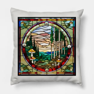 Woodsy Scenery Mushrooms Stained Glass Pillow