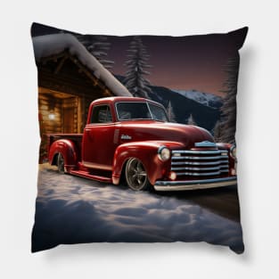 A festive red Christmas-themed Chevy 3100 Pillow