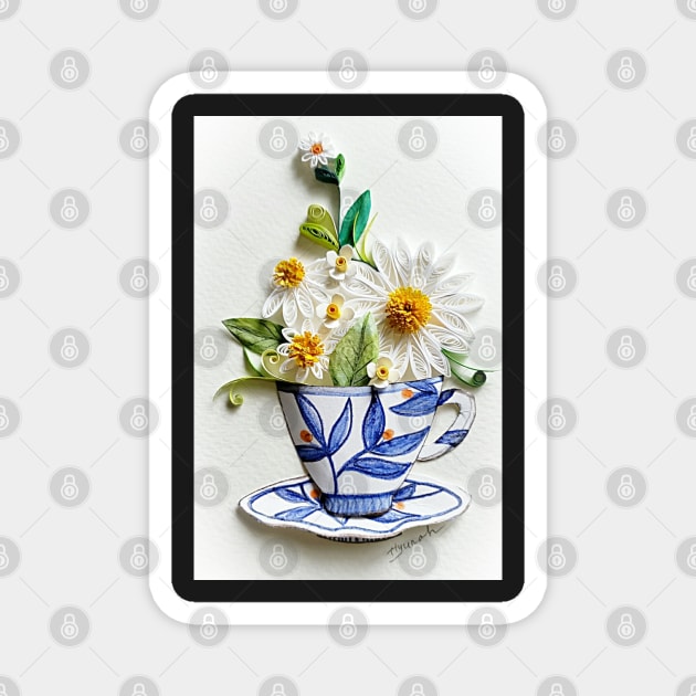 Paper quilling Art/Original Art by Hyunah Yi/Tea cup Paper quilling Art/Original Art by Hyunah Yi/Tea cup flower/Kitchen wall art/framed/Mother&amp;#39;s day/Anniversary/Birthday gift/card/Botanical Magnet by solsolyi