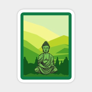 Vibrant Green and Yellow Mountain Buddha Graphic Magnet