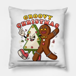 Groovy Christmas, Gingerbread Men and pine tree cookie characters walk together Pillow