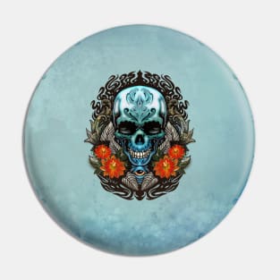 Awesome blue green skull with flowers Pin