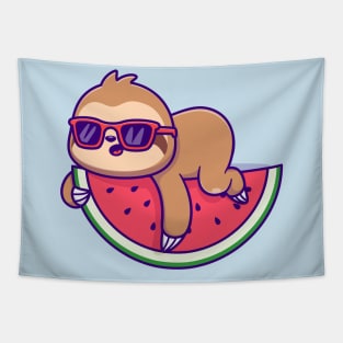 Cute Sloth Laying On Watermelon With Glasses Cartoon Tapestry