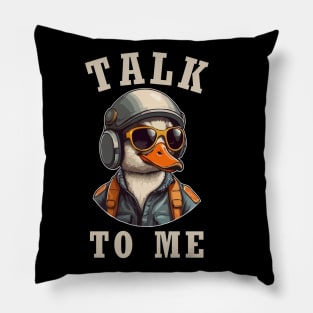 Talk To Me, Funny Goose Wearing Pilot Outfit. Pillow