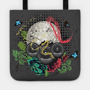 Grunge silver disco ball with soundspeakers Tote