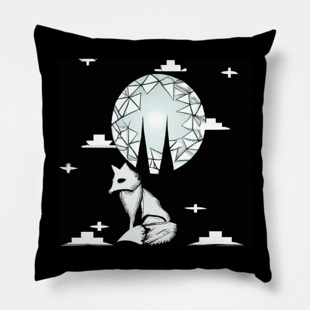 Black and White Geometric Fox Minimalist Forest At Night Pillow by GregFromThePeg