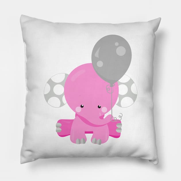Elephant With Balloon, Pink Elephant, Cute Animal Pillow by Jelena Dunčević