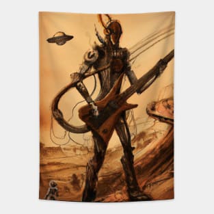 Giant Robot Alien Playing Guitar Tapestry