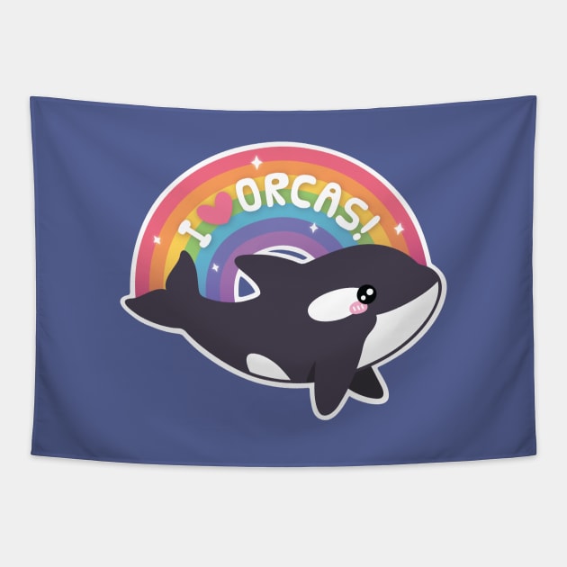 Cute I Love Orcas Rainbow Tapestry by rustydoodle