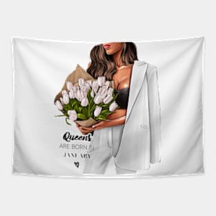 Queens Are Born In January White Outfit White Tulips Tapestry