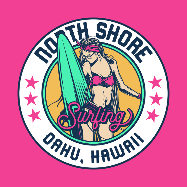 Retro Surfer Babe Badge North Shore Oahu Hawaii by Now Boarding