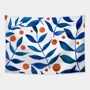 Watercolor branches and berries - blue and orange Tapestry