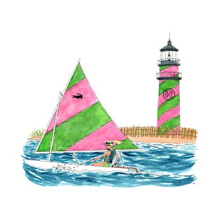 Pink and Green Sunfish Sailboat with Lighthouse! T-Shirt