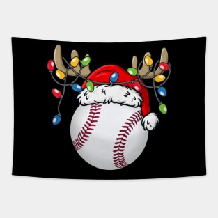 Baseball With Santa Hat Reindeer Antlers Christmas Lights Tapestry