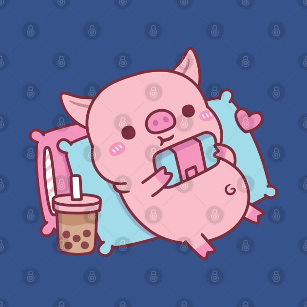 Cute Piggy Gamer Chilling With Video Games And Bubble Tea by rustydoodle