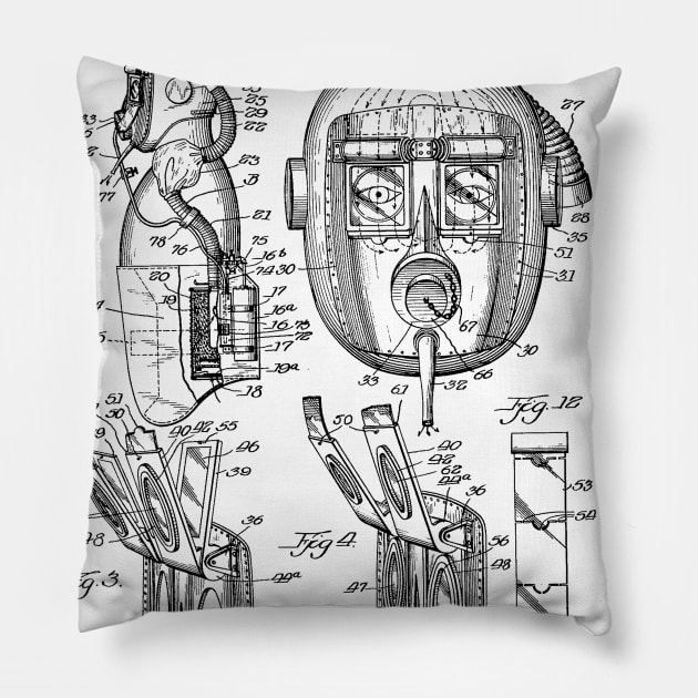 Gas Mask Vintage Patent Hand Drawing Pillow by TheYoungDesigns