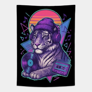 Tiger With Headphones Retro Music Vaporwave Tapestry