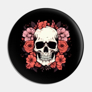 Skull Pink Flowers Pin