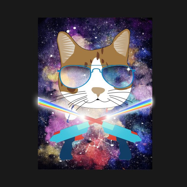 Funny Laser Gun Space Cat TShirt Galaxy Kitty With Glasses Novelty