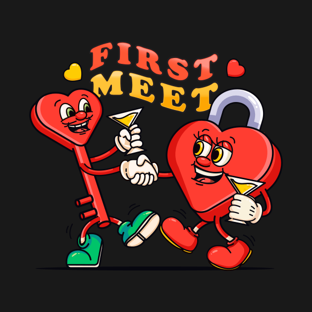 First met on Valentine's Day, cute cartoon mascot couple lock and key by Vyndesign