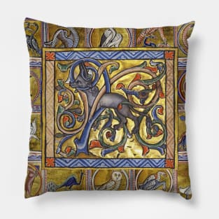 MEDIEVAL BESTIARY,ANTELOP WITH HORNS, FANTASTIC ANIMALS IN GOLD RED BLUE COLORS Pillow