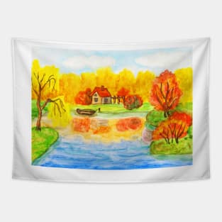 Autumn landscape with house  on lake Tapestry