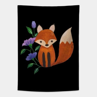 Little Fox and Floral Pattern in Gouache Illustration Tapestry