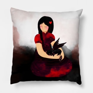 Girl with cat on black cloud Pillow