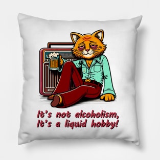 Retro Drunk Cat Cartoon - 70s Party Animal with Vintage Radio and Humor Quote Pillow