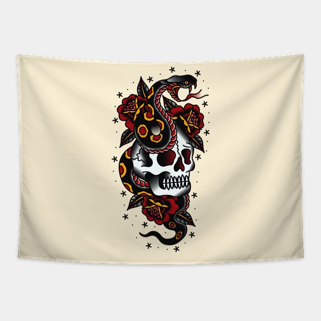 Traditional Skull Snake Roses Tapestry by Victor Gomes