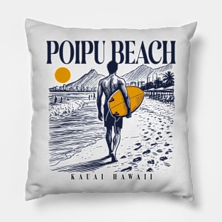 Vintage Surfing Poipu Beach, Kauai, Hawaii // Retro Surfer Sketch // Surfer's Paradise Pillow