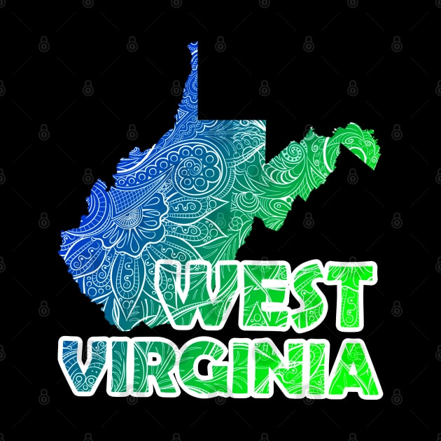 Colorful mandala art map of West Virginia with text in blue and green by Happy Citizen