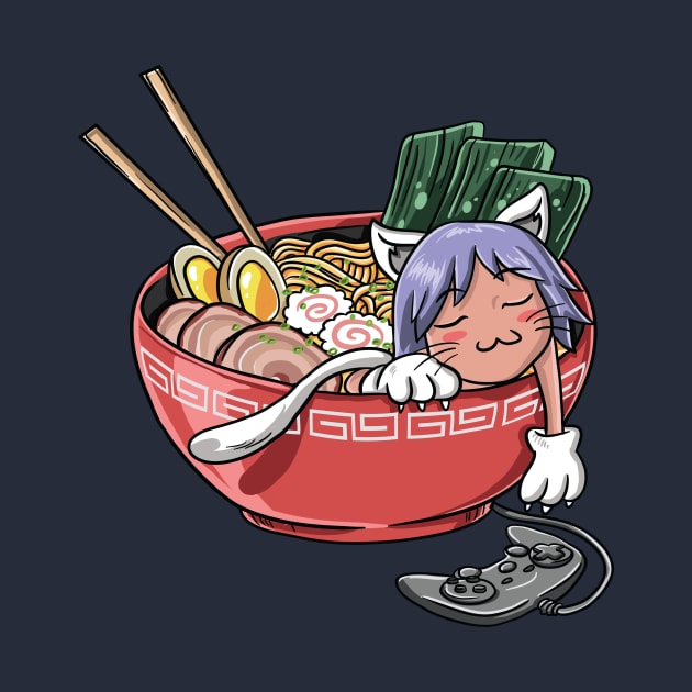 Cute Kawaii Chibi Anime Cat Gamer Ramen Noodles Gift by Freid