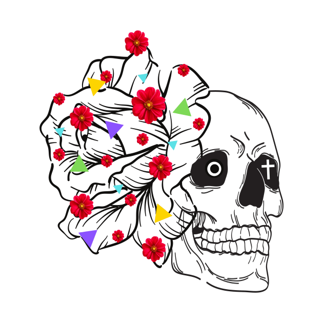 skeleton face drawing with a cross in the background in the eye, linear flower and flowers with small colorful triangles by JENNEFTRUST