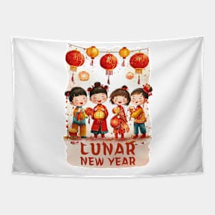 Children's Lunar New Year Celebration - Festive Kids in Red, Brown, Green & Yellow Watercolor Attire Tapestry