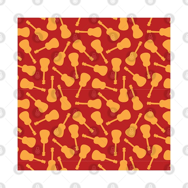 Guitar silhouettes orange yellow on a red background. Ukulele pattern. by Sandra Hutter Designs